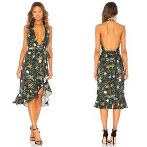 LPA Tropical Paradise Printed Linen Halter Hi Low Ruffle Dress